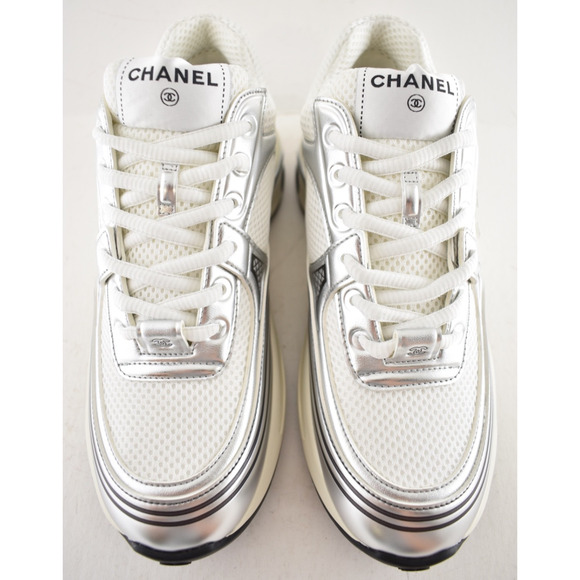 Chanel REV White Silver Metallic CC Logo Tie Flat Runner Trainer Sneaker 37.5 - Picture 6 of 14